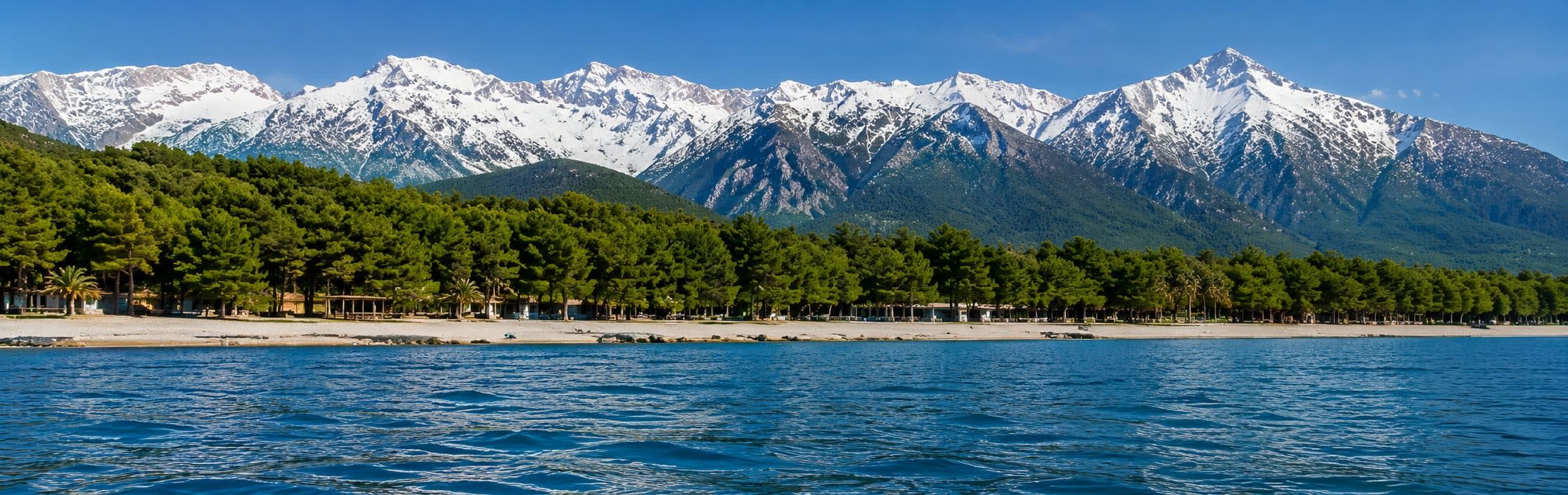 Snow-capped peaks above pine forest and the sea in Albania